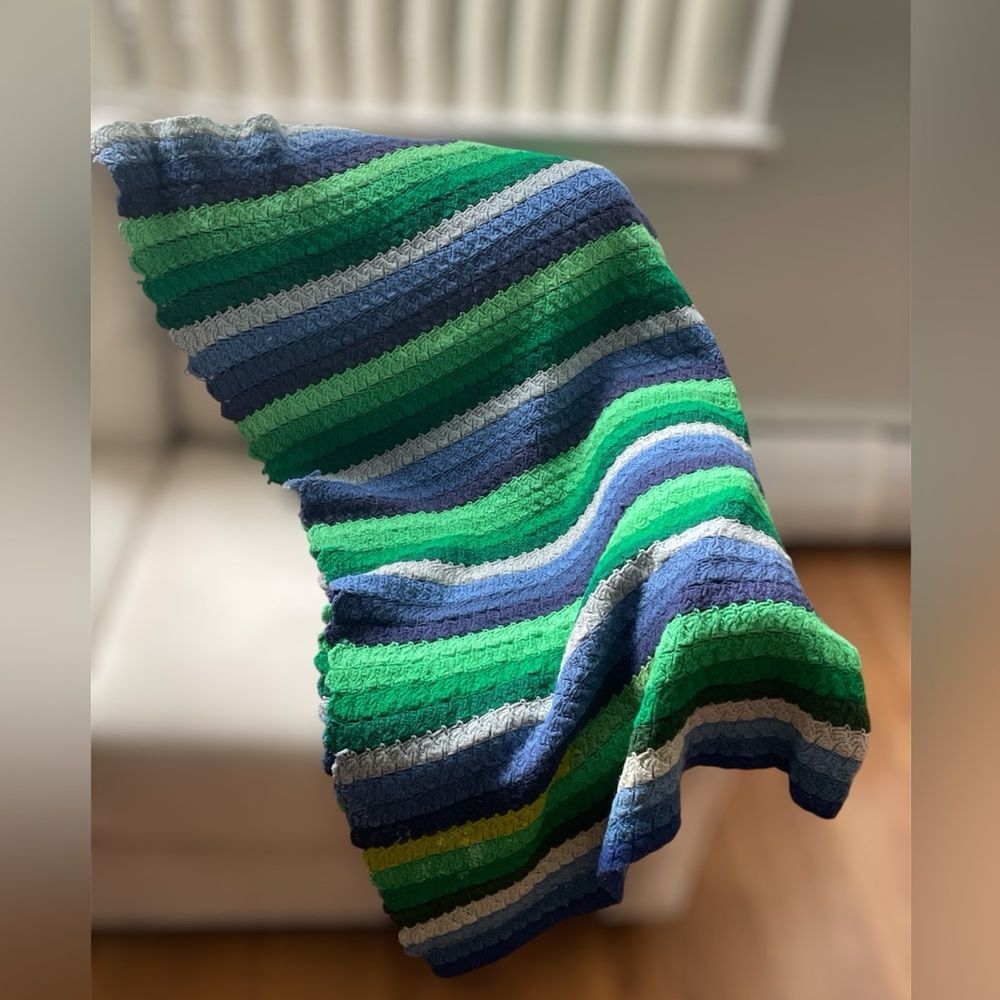 Vintage Handmade Crochet Throw Blanket Blue,Green& Gray